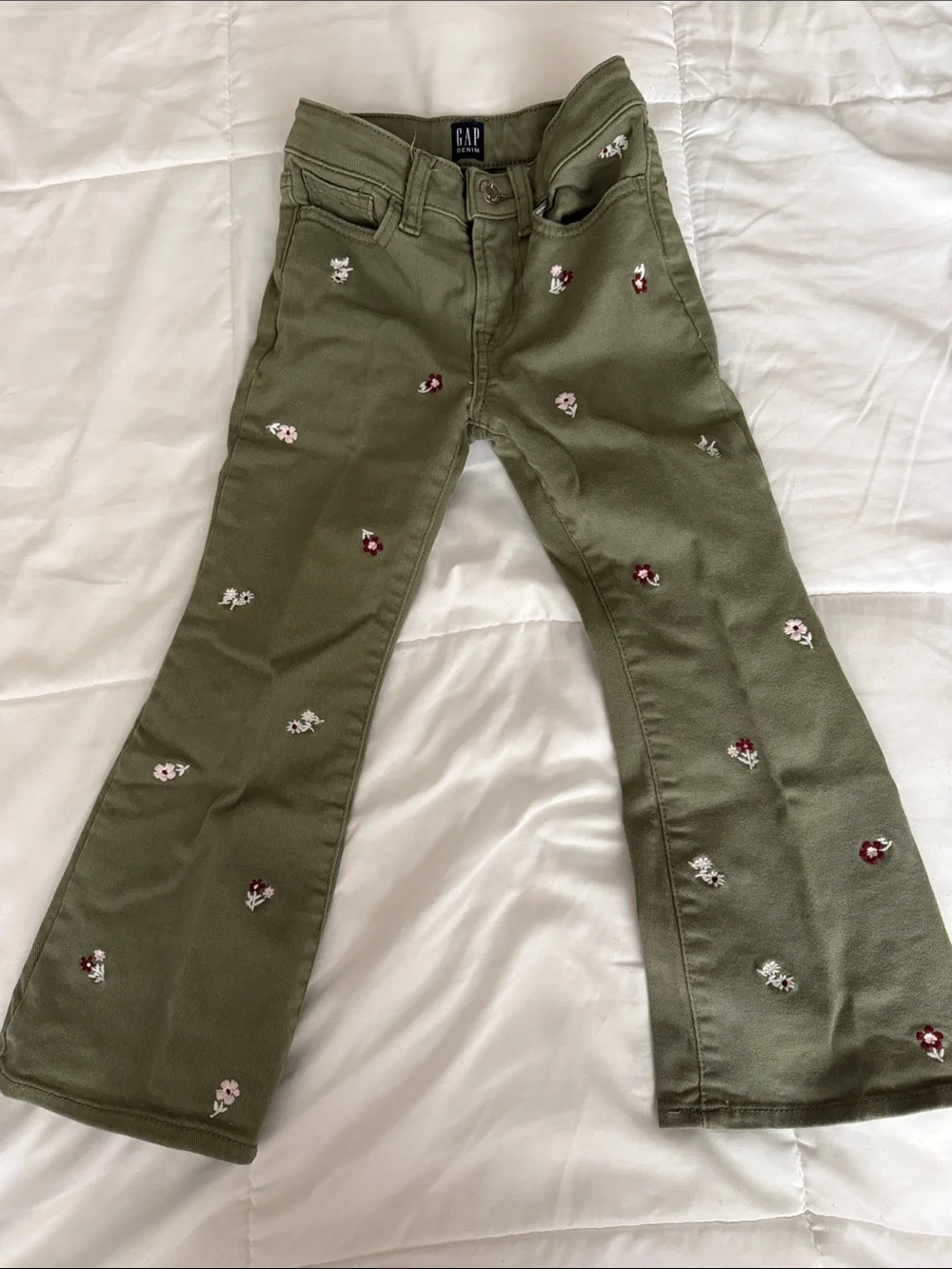 GAP Girl’s  Olive Green Floral Embroidered Flare Jeans